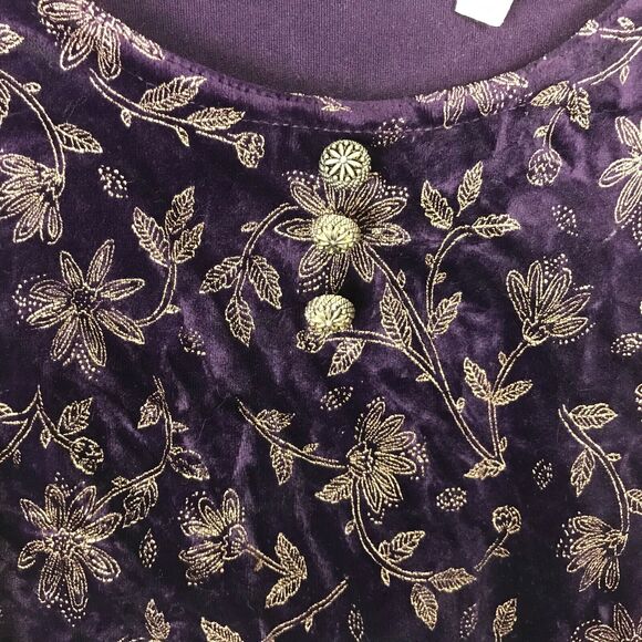 Vintage Purple Velvet Dress Size Petite 6P Gold Floral Long Sleeve Mini Y2K - Picture 3 of 7